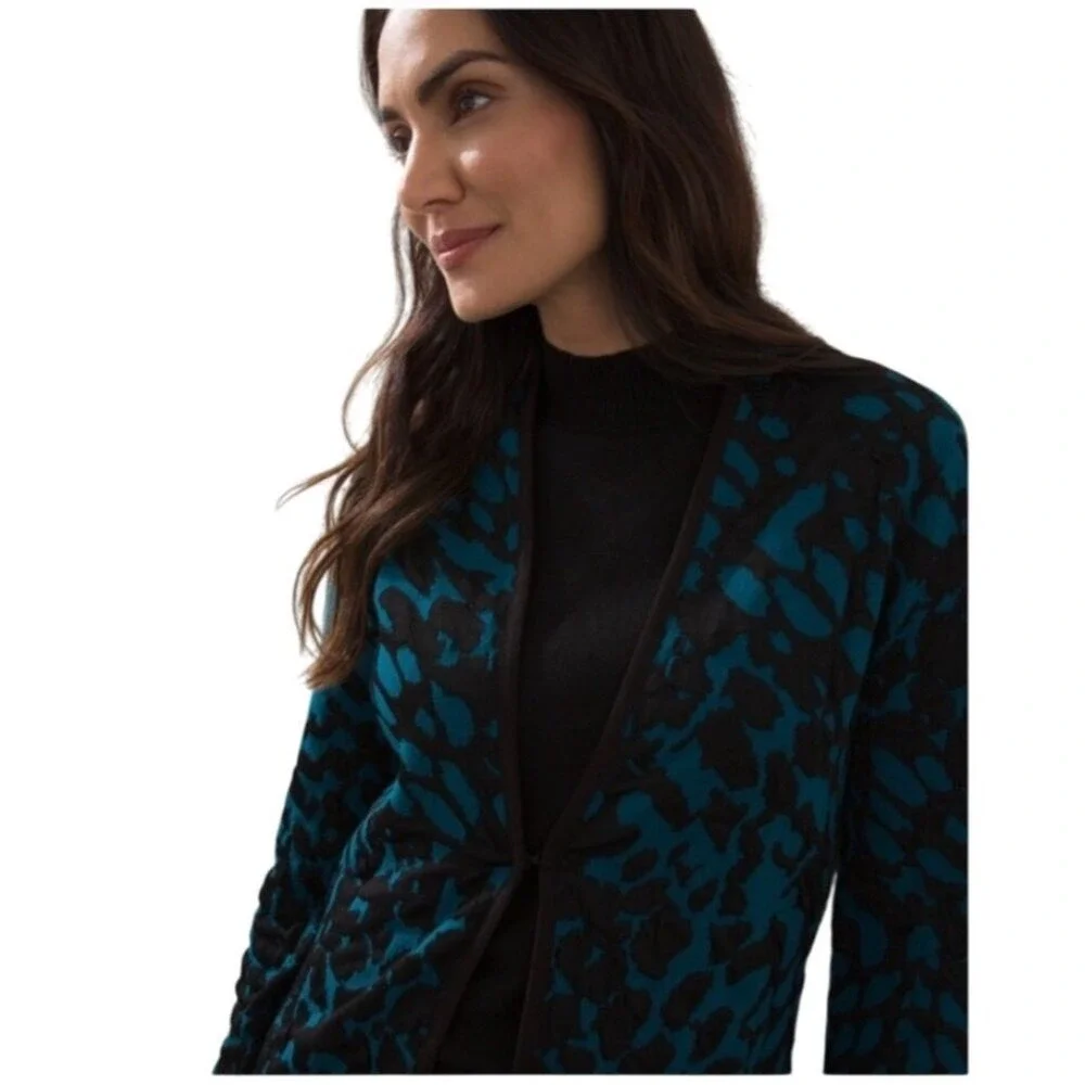Chicos Long Blue‎ Animal Leopard Print Cardigan Sweater Size L Cotton Cheetah